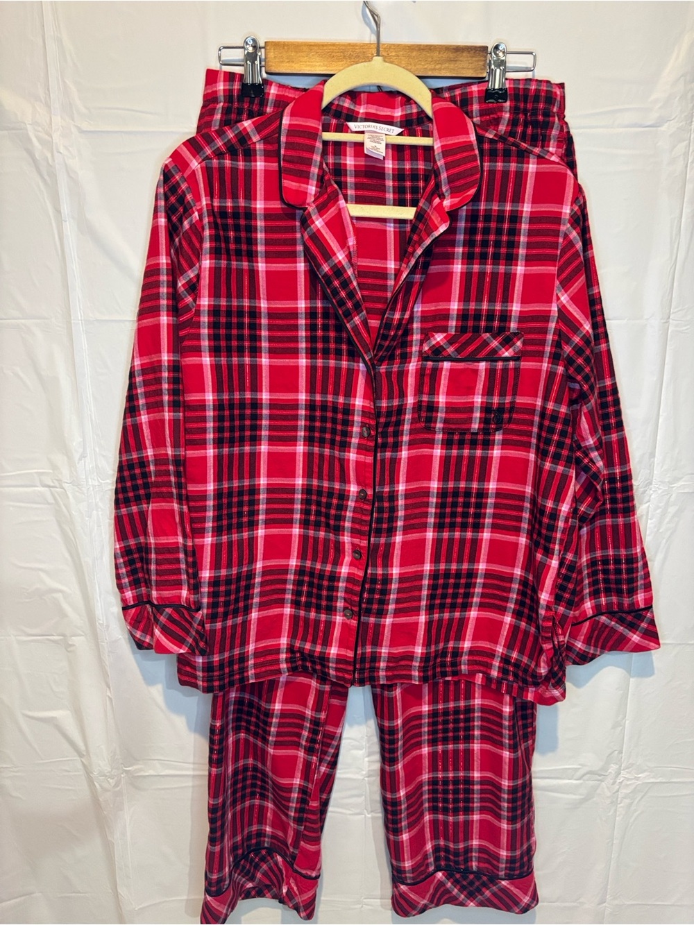 Victoria's Secret Red Plaid Flannel Pajama Set Button Up Pants 2 Piece Size M
